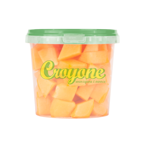 Melon Cantalupe - myty, obrany i krojony w kostkę. Wiaderko o pojemności 1 kg.